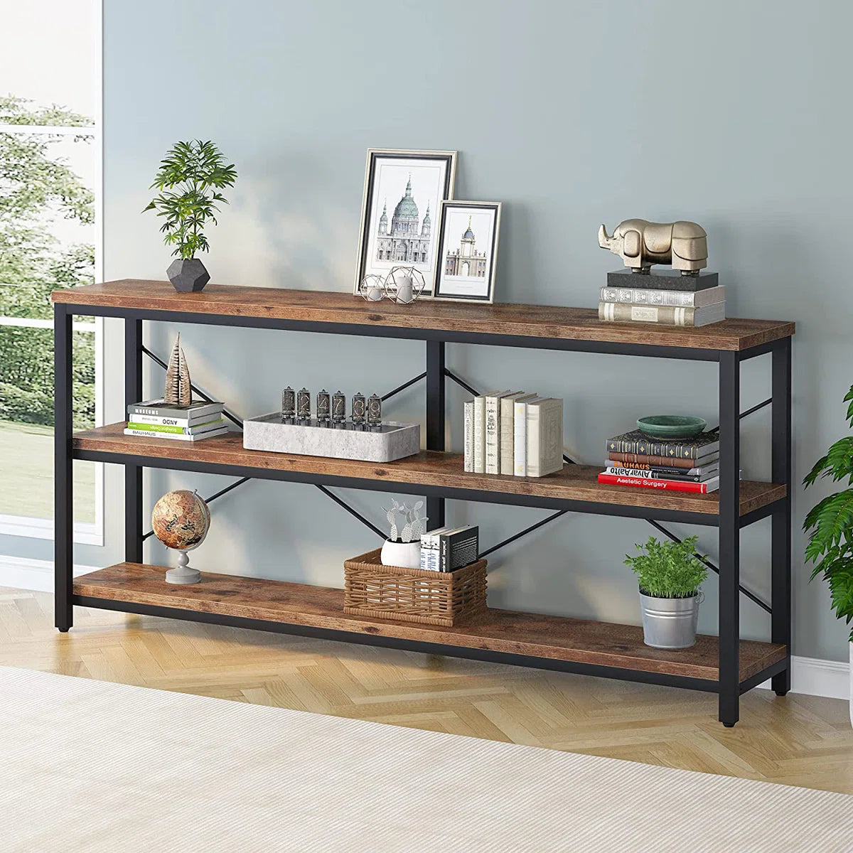 Long & Narrow Industrial Console Table – 3-Tier Sofa Table for Entryway and Living Room