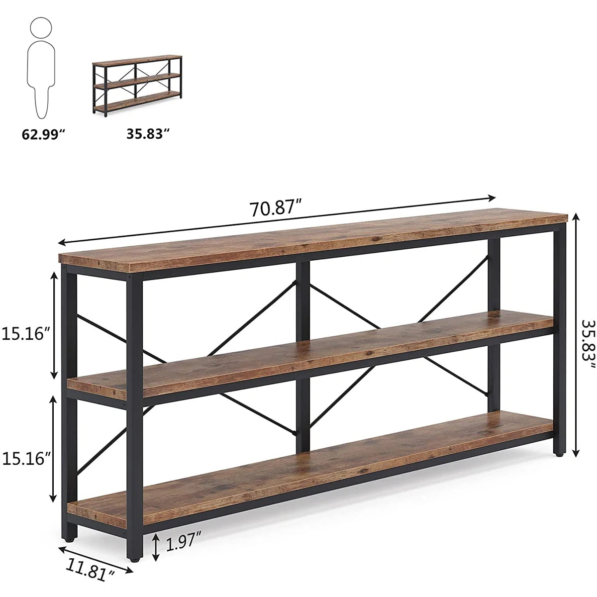 Long & Narrow Industrial Console Table – 3-Tier Sofa Table for Entryway and Living Room