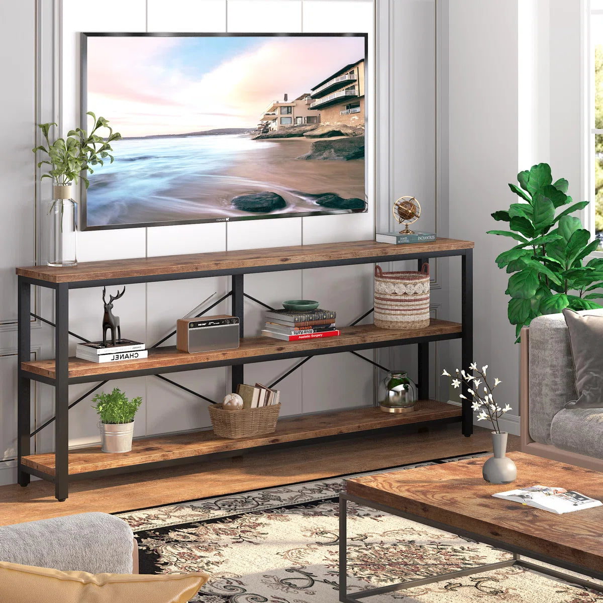 Long & Narrow Industrial Console Table – 3-Tier Sofa Table for Entryway and Living Room