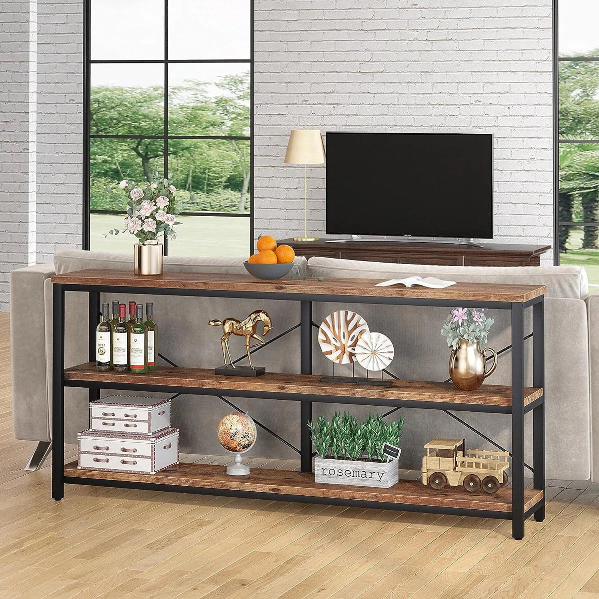 Long & Narrow Industrial Console Table – 3-Tier Sofa Table for Entryway and Living Room