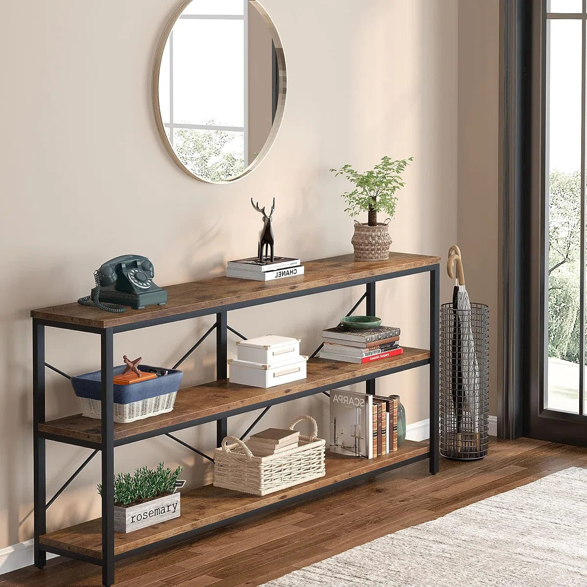 Long & Narrow Industrial Console Table – 3-Tier Sofa Table for Entryway and Living Room