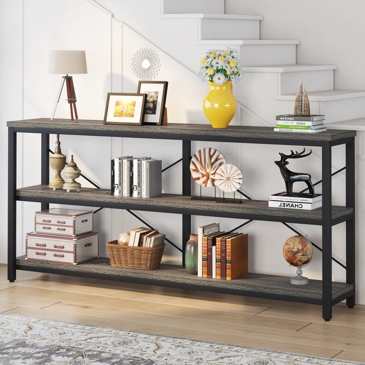 Long & Narrow Industrial Console Table – 3-Tier Sofa Table for Entryway and Living Room