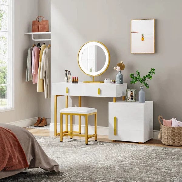 Ines Vanity wooden dressing table design with stool makeup modern corner mirrored dressing table, Vanity Desk with Drawers and Cabinets, Makeup Table Mirror and Lights, Modern Dressing Table with Stool for Women Gift