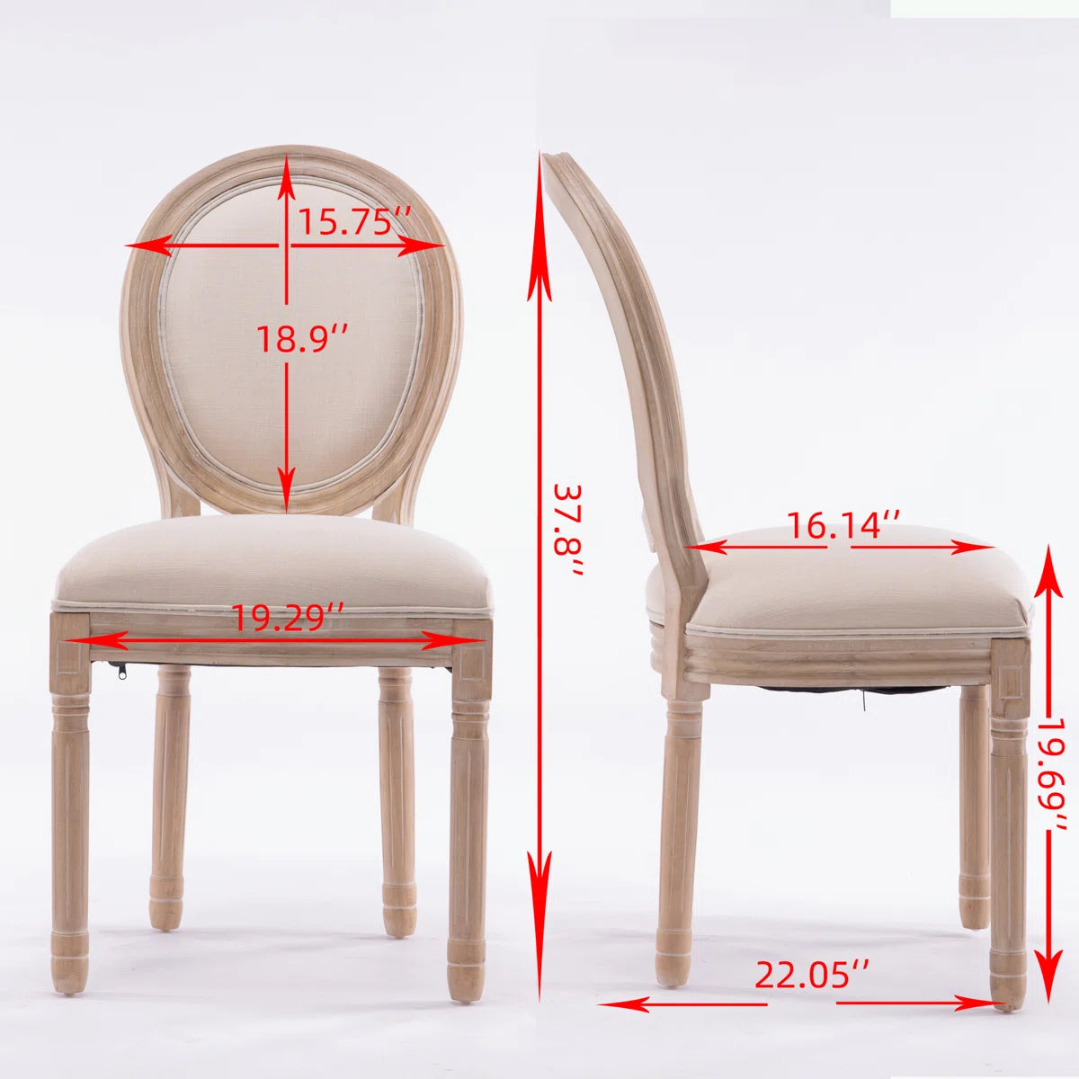 French Style Upholstered Dining Chairs Set of 2 with Solid Wood Frame & Oval Back Design
