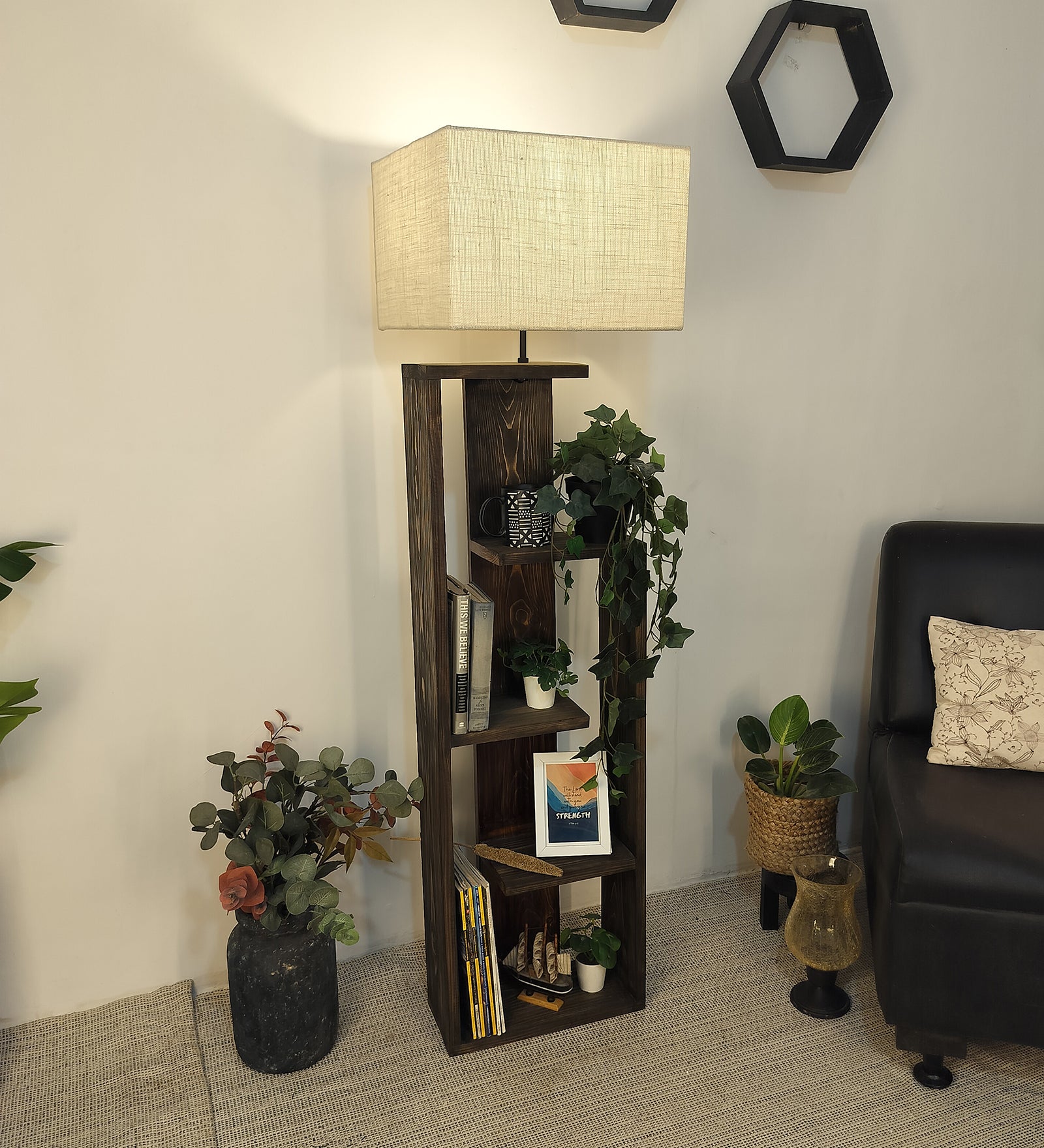 Jordan Wooden Floor Lamp with Brown Base and Jute Fabric Lampshade