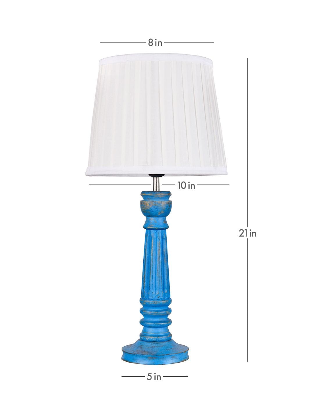 Wooden Pillar Blue lamp with pleeted White Soft Shade