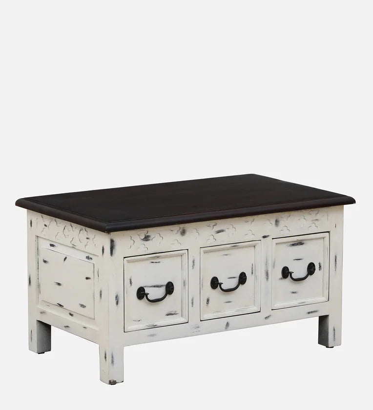 Solid Wood Coffee Table In White Distressed Finish With Drawers
