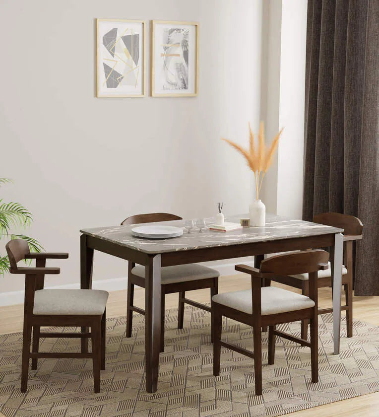 Solid Wood 4 Seater Dining Set In Marble Finish