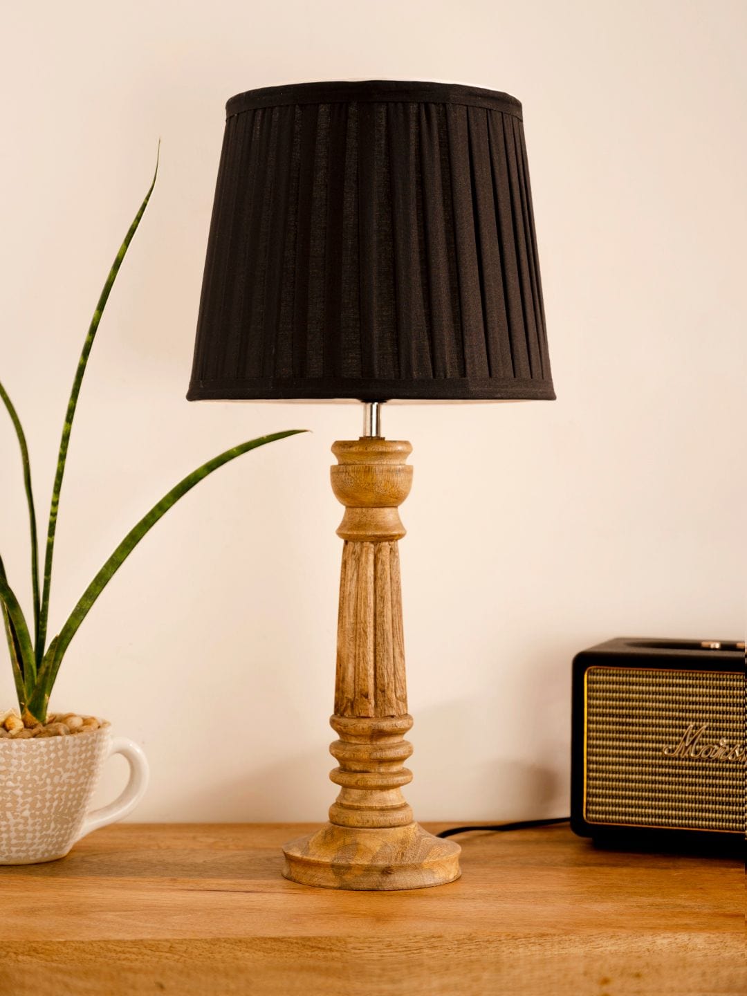 Wooden Pillar Brown lamp with pleeted Black Soft Shade