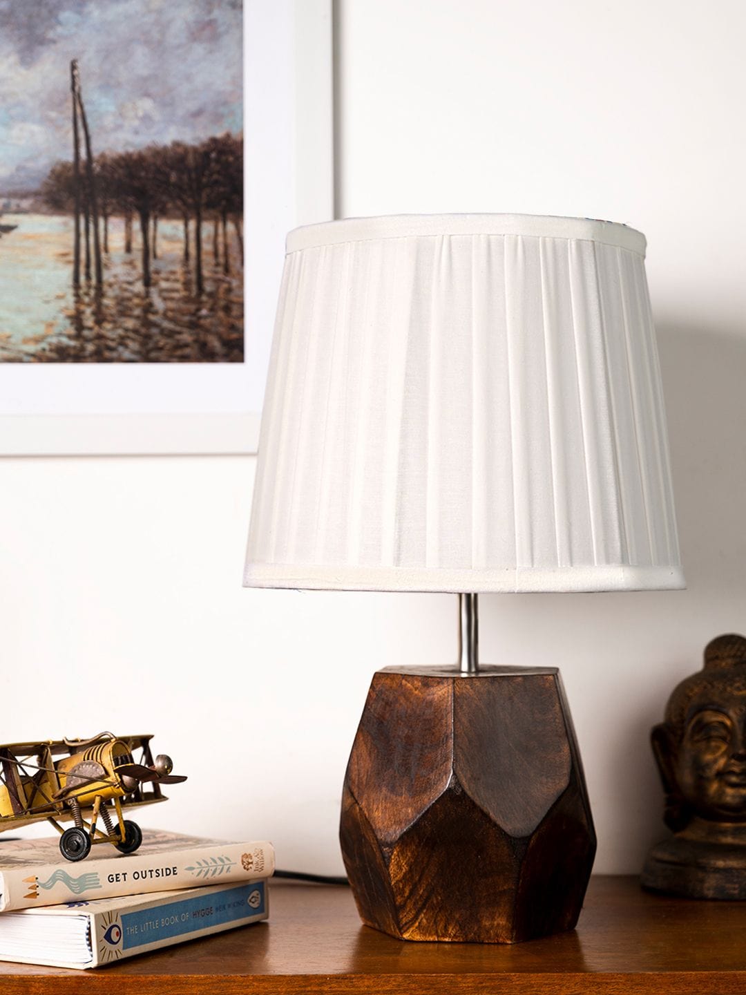 Wooden Hexa Lamp with Pleeted Cotton White Shade