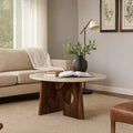 Handcrafted Marble Top Round Coffee Table with Mango Wood Base | Modern Sculptural Center Table for Living Room