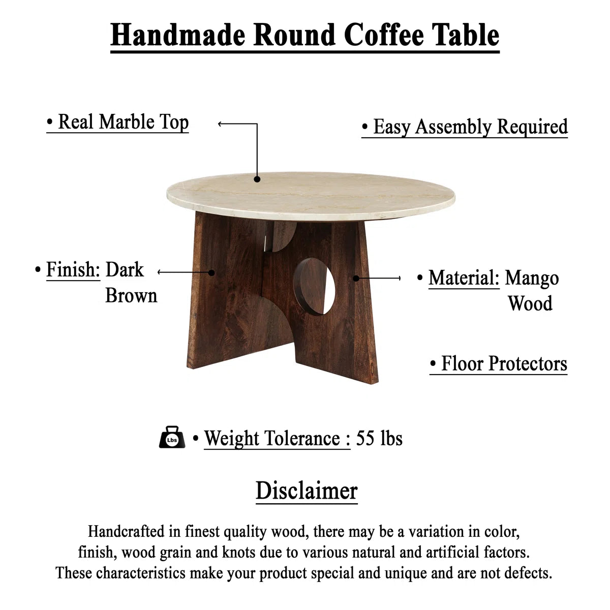 Handcrafted Marble Top Round Coffee Table with Mango Wood Base | Modern Sculptural Center Table for Living Room