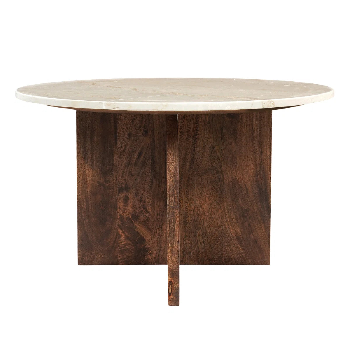Handcrafted Marble Top Round Coffee Table with Mango Wood Base | Modern Sculptural Center Table for Living Room