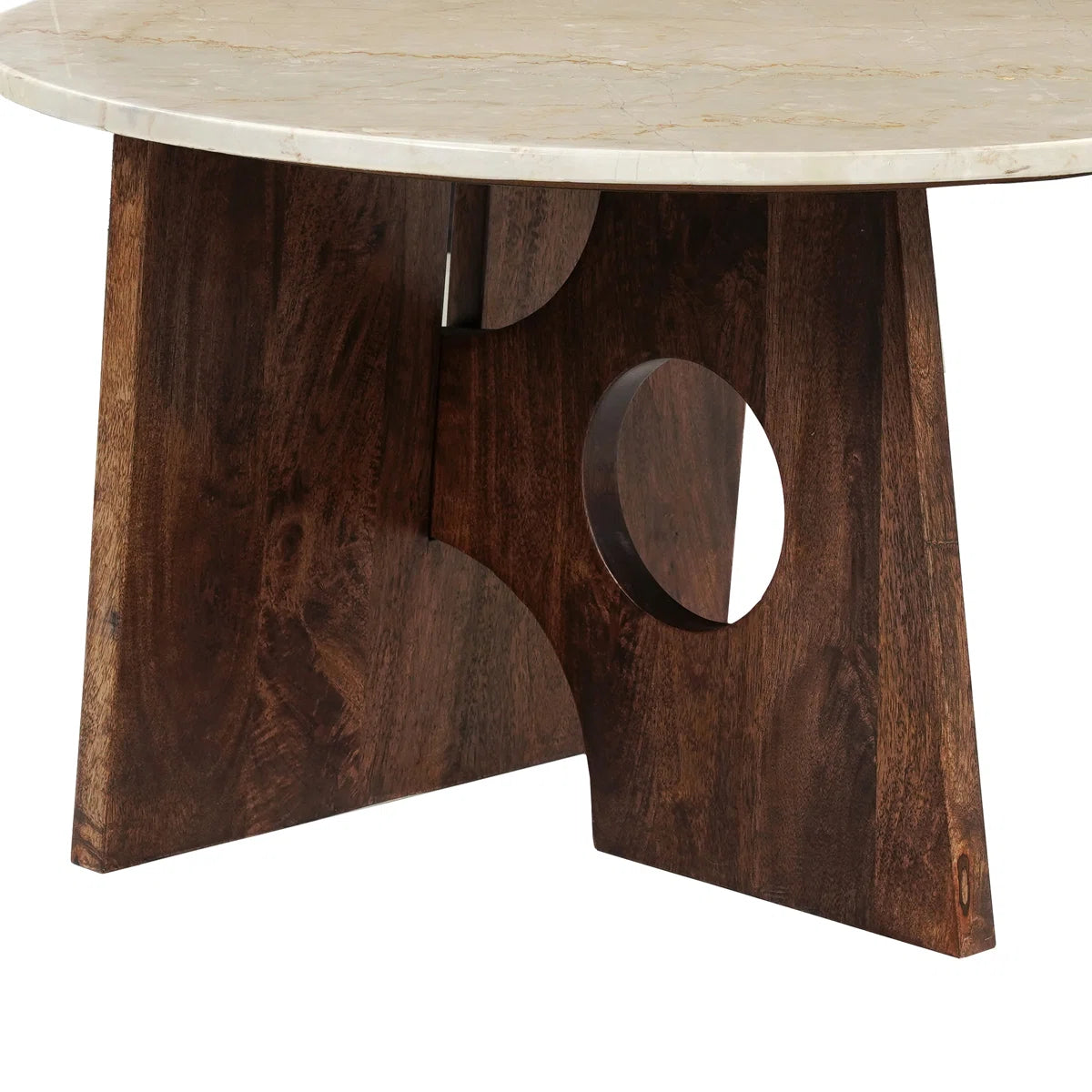 Handcrafted Marble Top Round Coffee Table with Mango Wood Base | Modern Sculptural Center Table for Living Room
