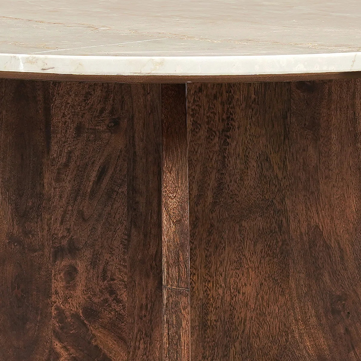 Handcrafted Marble Top Round Coffee Table with Mango Wood Base | Modern Sculptural Center Table for Living Room