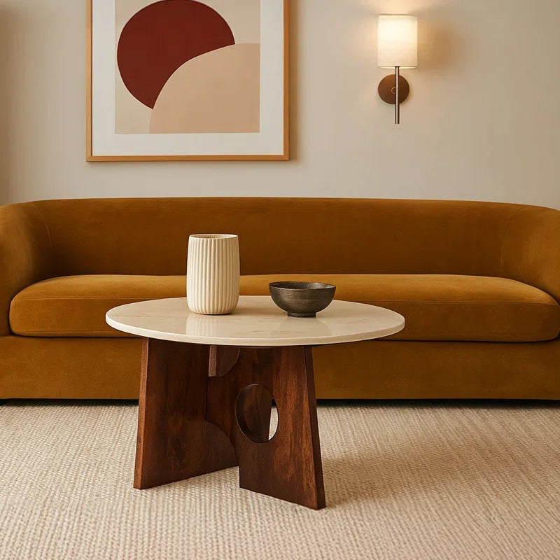 Handcrafted Marble Top Round Coffee Table with Mango Wood Base | Modern Sculptural Center Table for Living Room