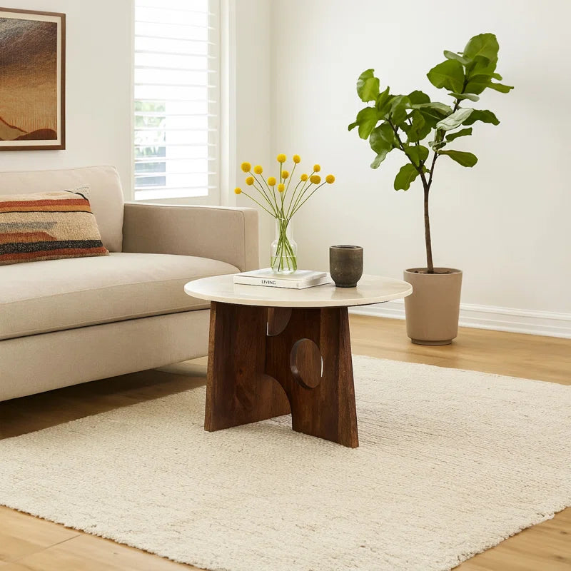 Handcrafted Marble Top Round Coffee Table with Mango Wood Base | Modern Sculptural Center Table for Living Room