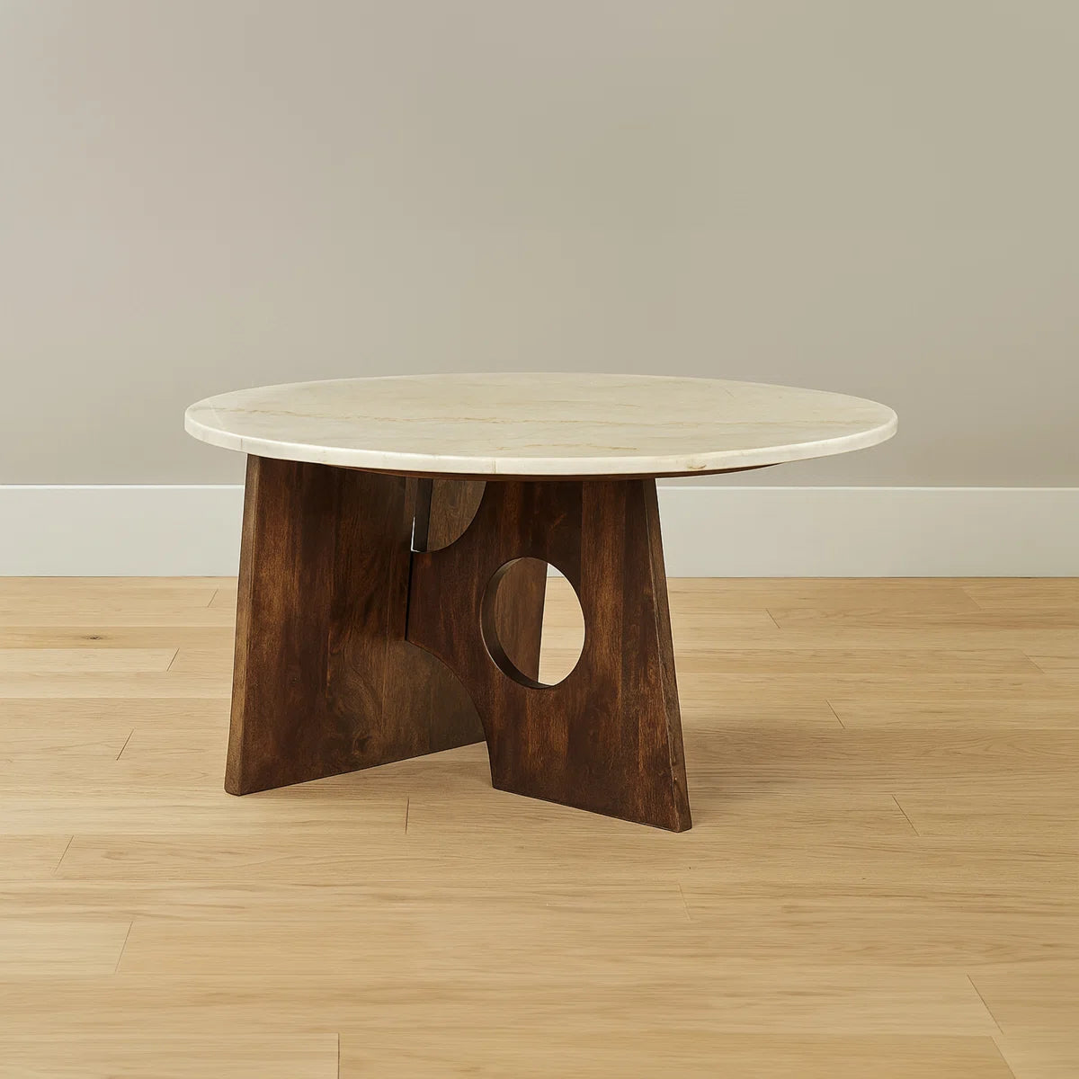 Handcrafted Marble Top Round Coffee Table with Mango Wood Base | Modern Sculptural Center Table for Living Room
