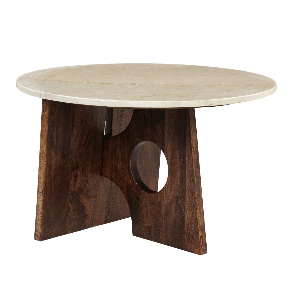 Handcrafted Marble Top Round Coffee Table with Mango Wood Base | Modern Sculptural Center Table for Living Room