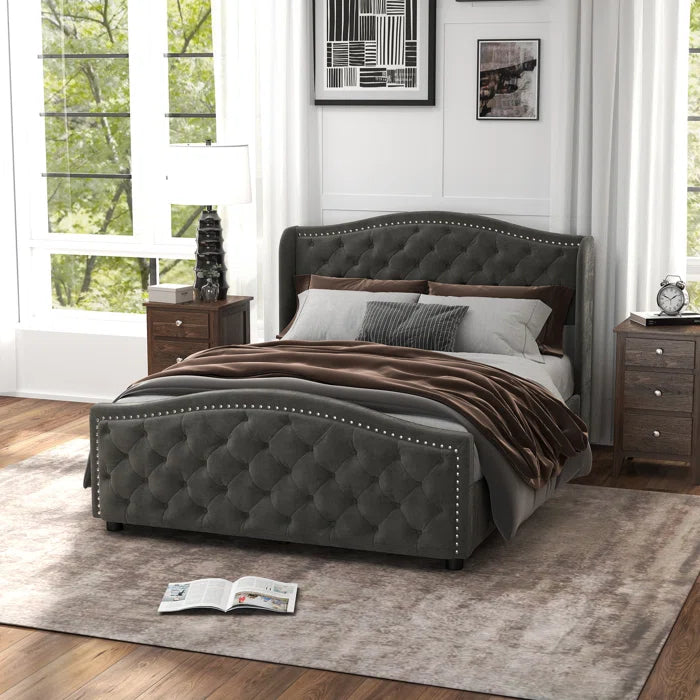 Velvet Upholstered Metal Nail Trim Platform Bed with Tufted Headboard