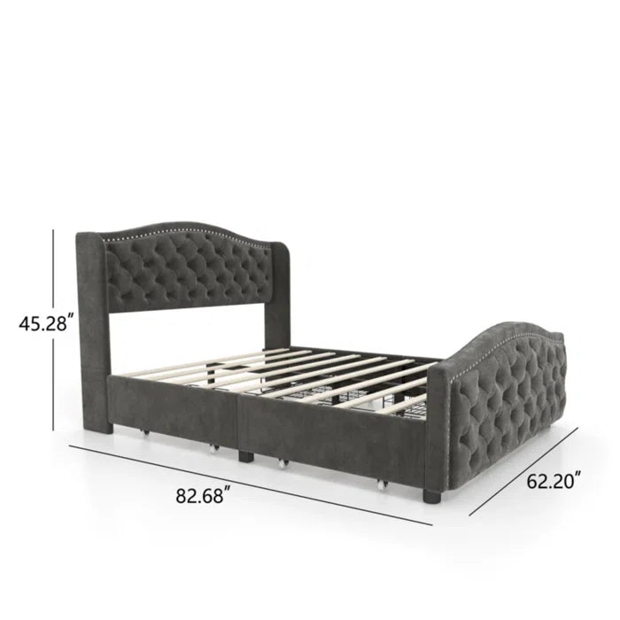 Velvet Upholstered Metal Nail Trim Platform Bed with Tufted Headboard