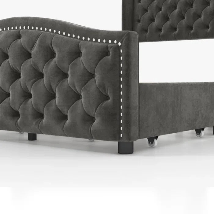 Velvet Upholstered Metal Nail Trim Platform Bed with Tufted Headboard