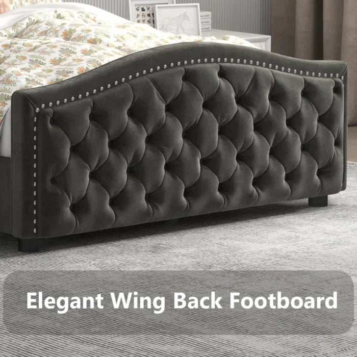 Velvet Upholstered Metal Nail Trim Platform Bed with Tufted Headboard