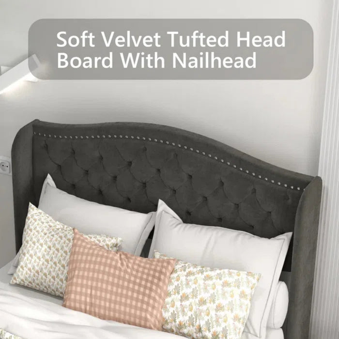 Velvet Upholstered Metal Nail Trim Platform Bed with Tufted Headboard