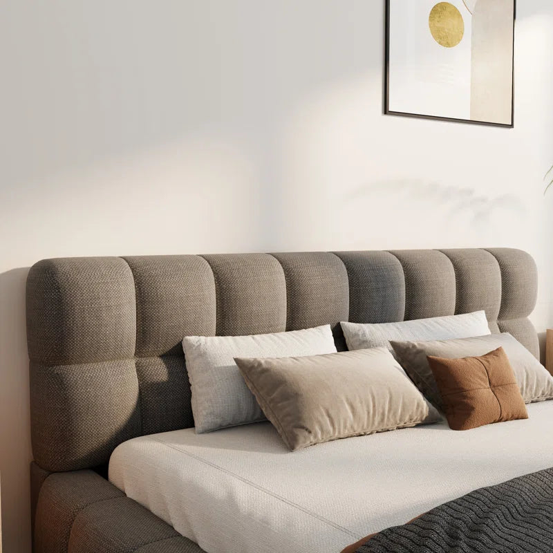 Katence Elegant Linen Queen Platform Bed with Upholstered Headboard and Solid Frame Stability