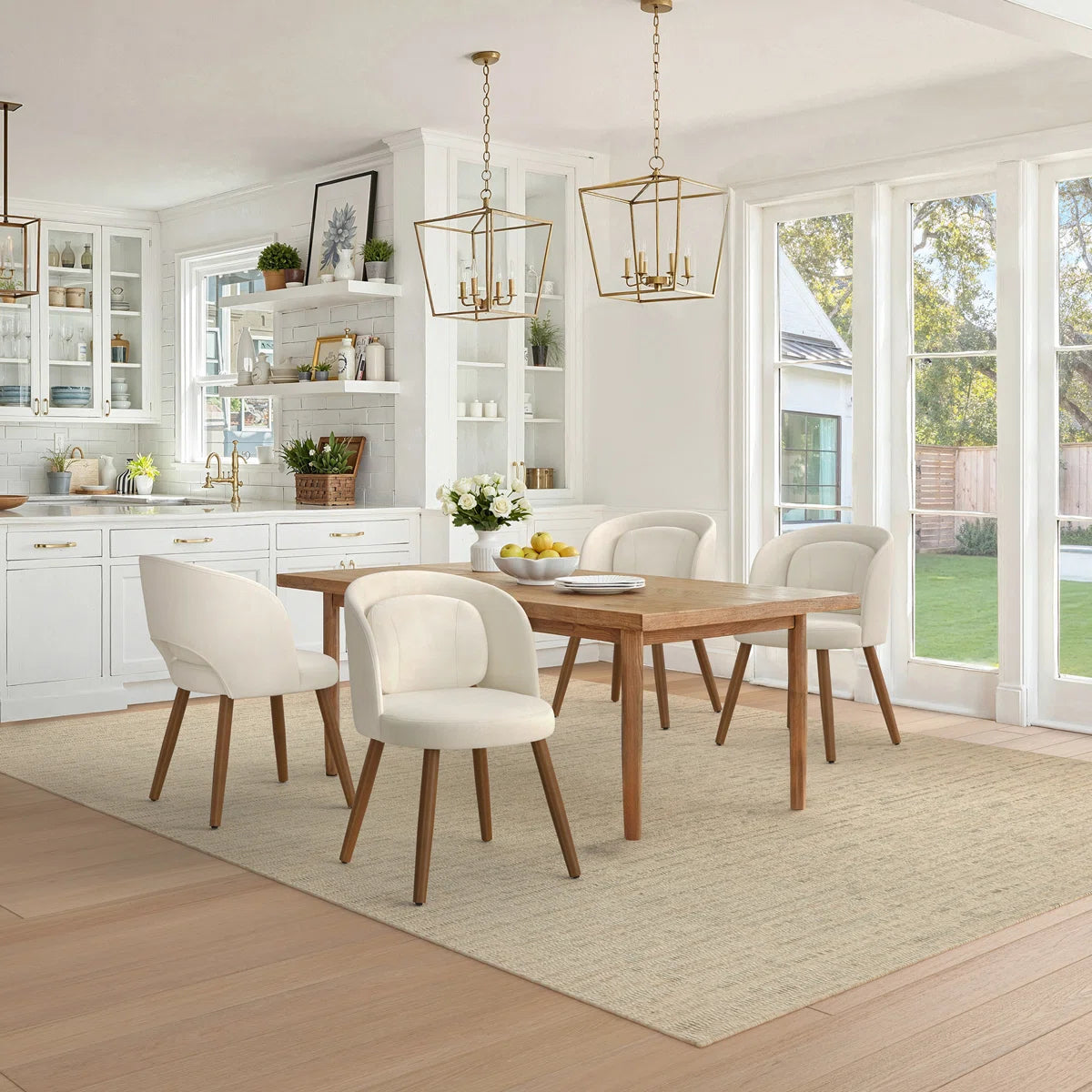 Modern Upholstered Dining Chairs Set of 6 with Curved Back & Wooden Legs