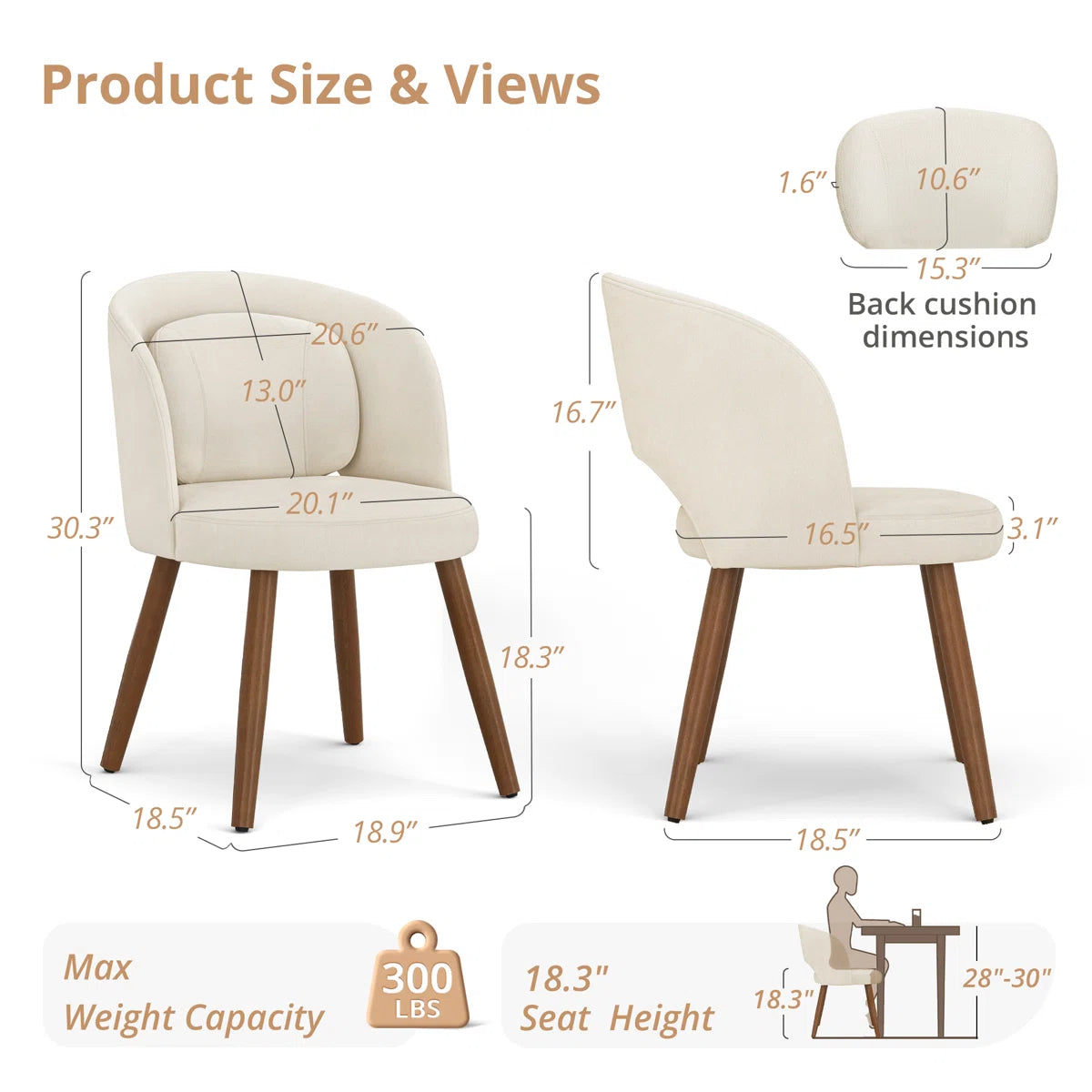 Modern Upholstered Dining Chairs Set of 6 with Curved Back & Wooden Legs
