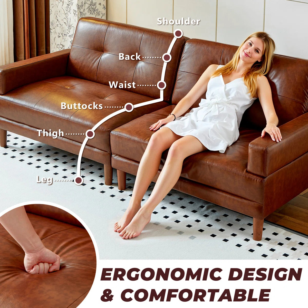 Mid-Century Modern 3-Seater Leather Sofa | Brown Faux Leather Couch with Tufted Back & Solid Wood