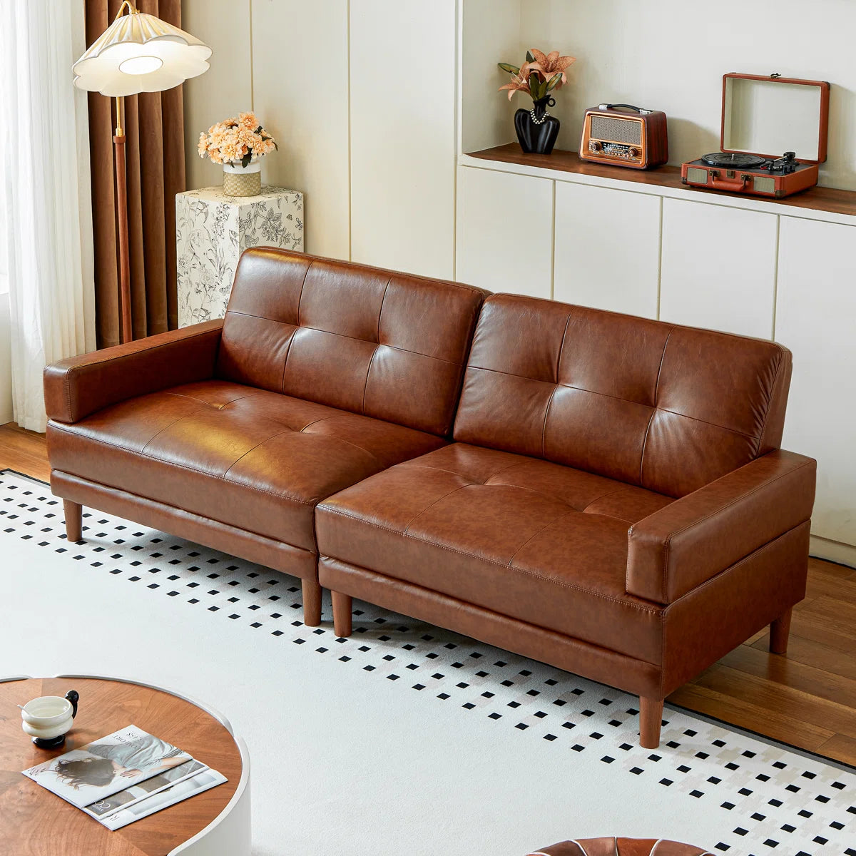 Mid-Century Modern 3-Seater Leather Sofa | Brown Faux Leather Couch with Tufted Back & Solid Wood