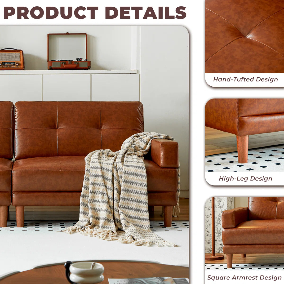 Mid-Century Modern 3-Seater Leather Sofa | Brown Faux Leather Couch with Tufted Back & Solid Wood