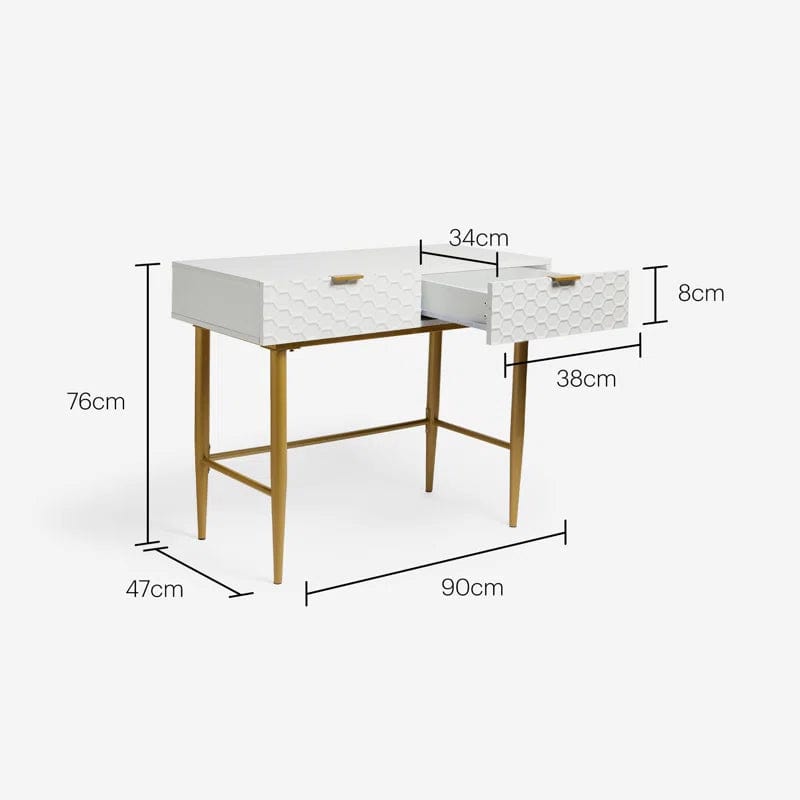 Desk with 2 Drawers, Nail Table Made of Wood, Metal Frame, Manicure Table, White Gold, Dressing Table without Mirror, Modern, Computer Desk, Living Room
