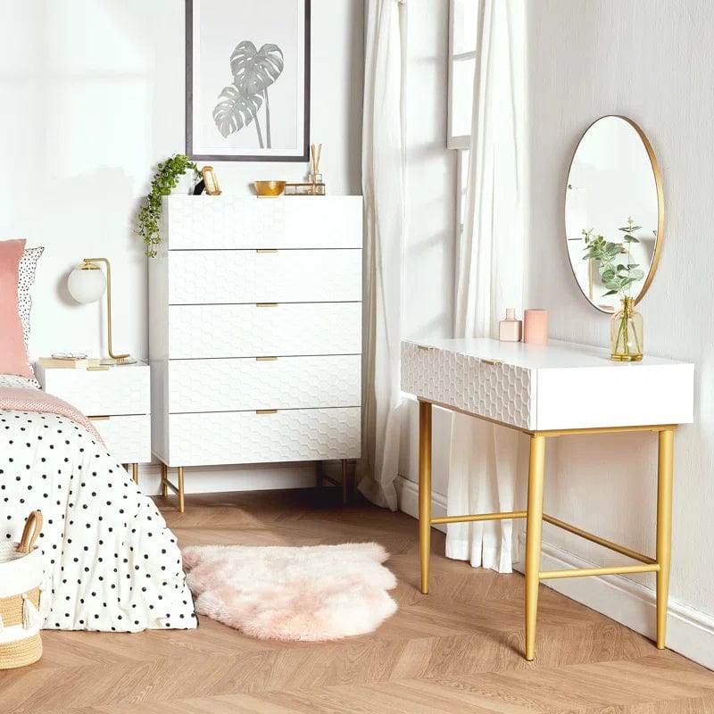 Desk with 2 Drawers, Nail Table Made of Wood, Metal Frame, Manicure Table, White Gold, Dressing Table without Mirror, Modern, Computer Desk, Living Room