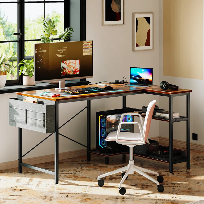 L-Shape Gaming Desk with Built in Outlets,Computer Desk with Monitor Stand