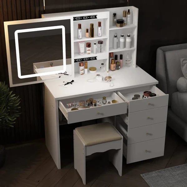 Rob merg Vanity Desk Set with LED Lighted Mirror & Power Outlet, Makeup Vanity Table with 5 Drawers,Storage with stool,for Bedroom, Bathroom, White
