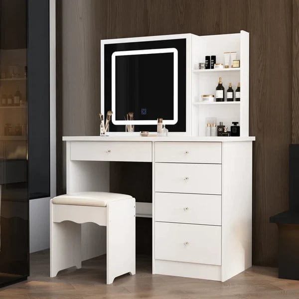 Rob merg Vanity Desk Set with LED Lighted Mirror & Power Outlet, Makeup Vanity Table with 5 Drawers,Storage with stool,for Bedroom, Bathroom, White