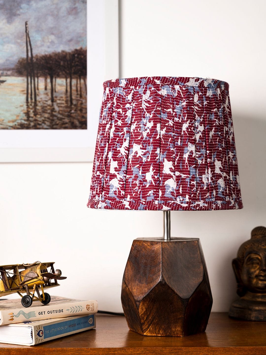 Wooden Hexa Lamp with Pleeted Multicolor Maroon Shade