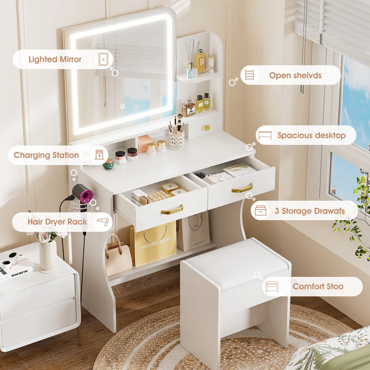 Kyriako Modern Makeup Vanity with LED Mirror, Charging Ports & 3 Drawers – Perfect Bedroom Dressing Table