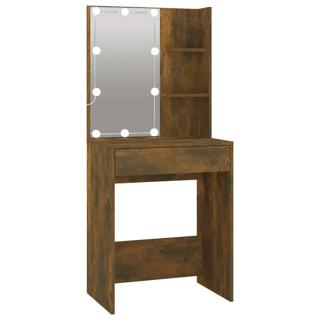 LED Vanity Dressing Table – Smoked Oak Engineered Wood Desk with Storage Cabinet
