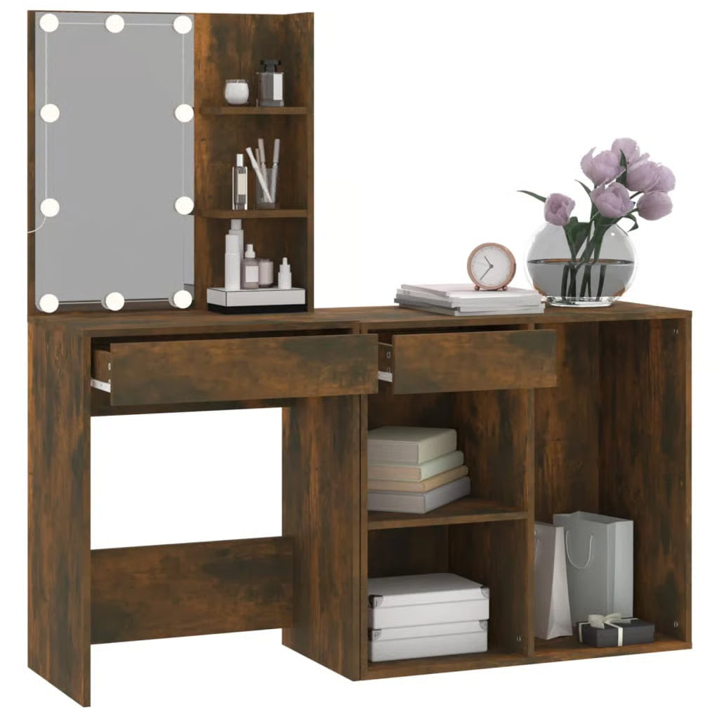 LED Vanity Dressing Table – Smoked Oak Engineered Wood Desk with Storage Cabinet