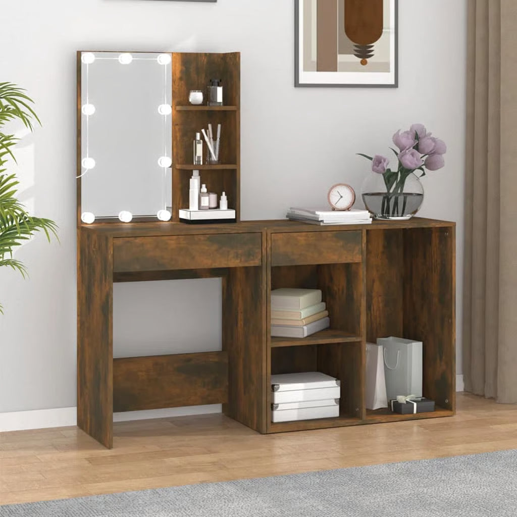 LED Vanity Dressing Table – Smoked Oak Engineered Wood Desk with Storage Cabinet
-OUCH CART |Dressing table
