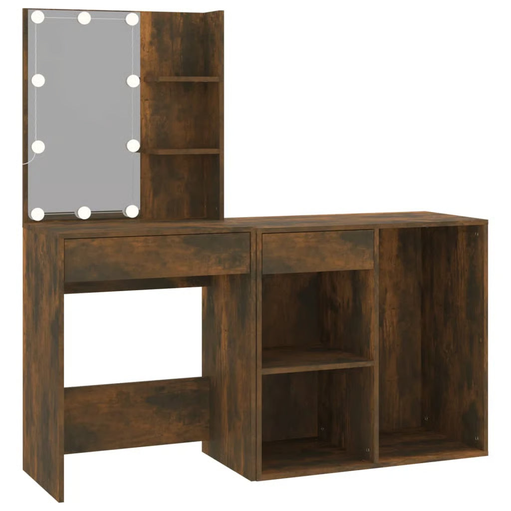 LED Vanity Dressing Table – Smoked Oak Engineered Wood Desk with Storage Cabinet