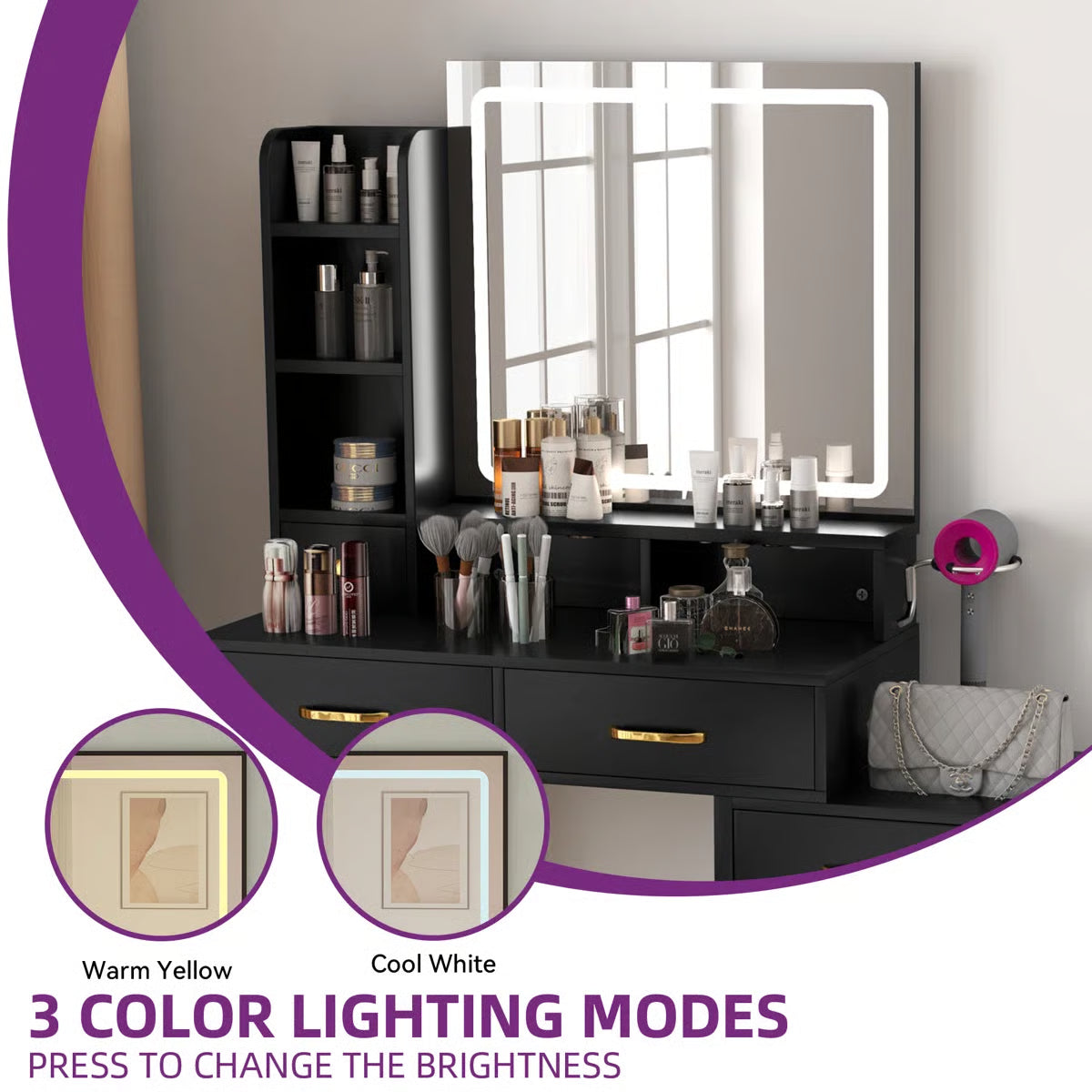 LED Lighted Vanity Set – Makeup Table with Mirror and Stool Included-OUCH CART |Dressing table
