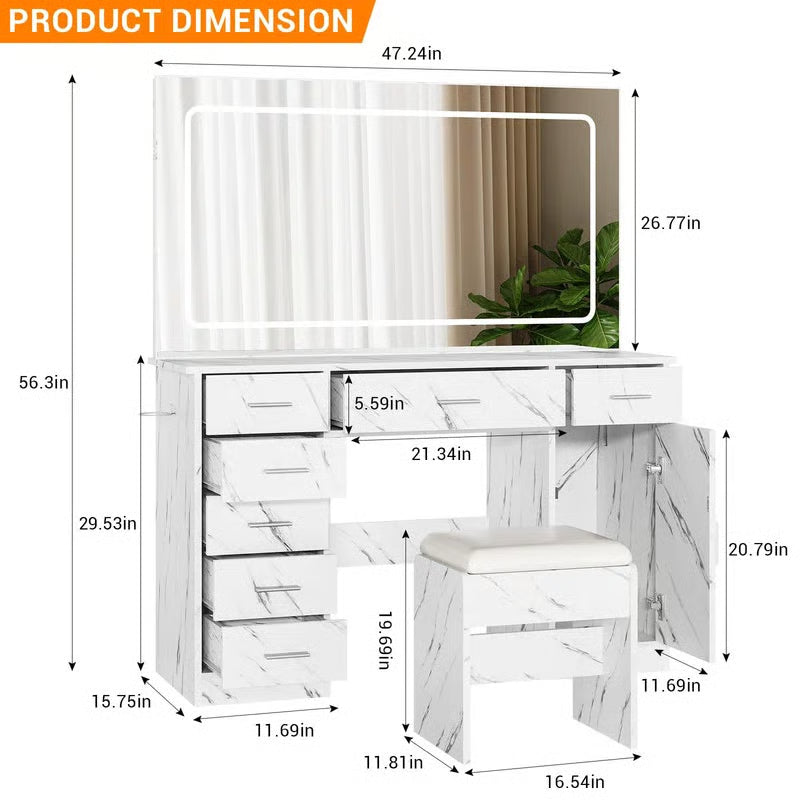 LED Makeup Vanity Desk – Marble White, 7 Drawers, Adjustable 3-Color Lighting, Large Mirror & Hair Dryer Holder-OUCH CART |Dressing table
