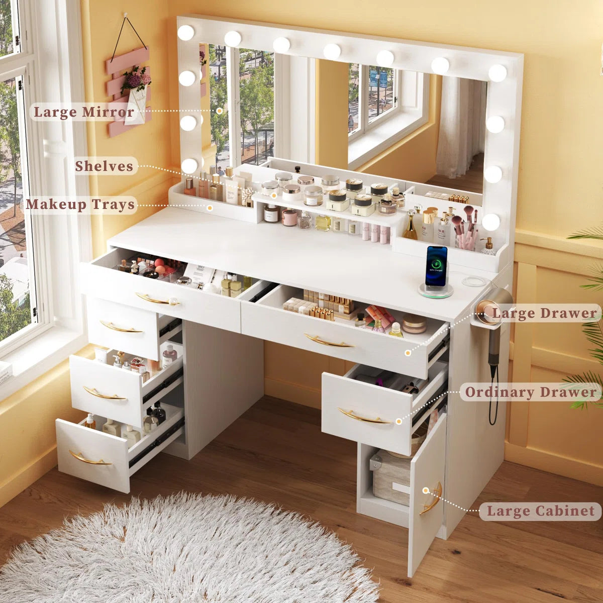 Large Size Vanity Desk with LED Mirror, Power Outlet, and 7 Spacious Drawers-OUCH CART | Dressing table 