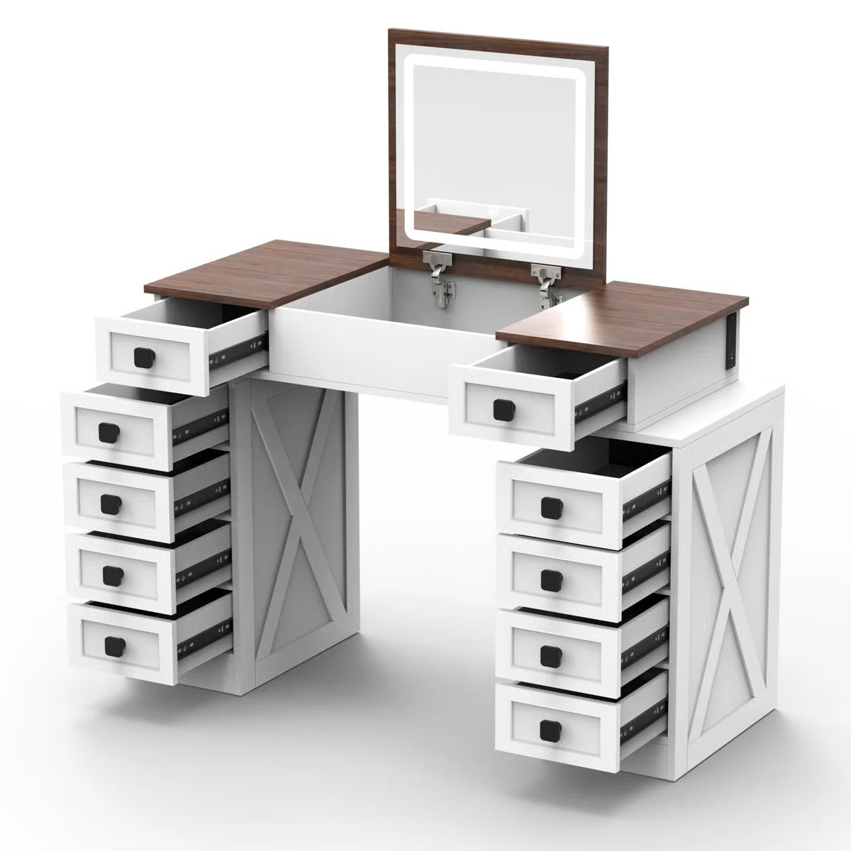 10-Drawer Makeup Vanity Desk – Dimmable LED, Foldable Mirror, White & Walnut Finish with Storage Stool-OUCH CART |Dressing table
