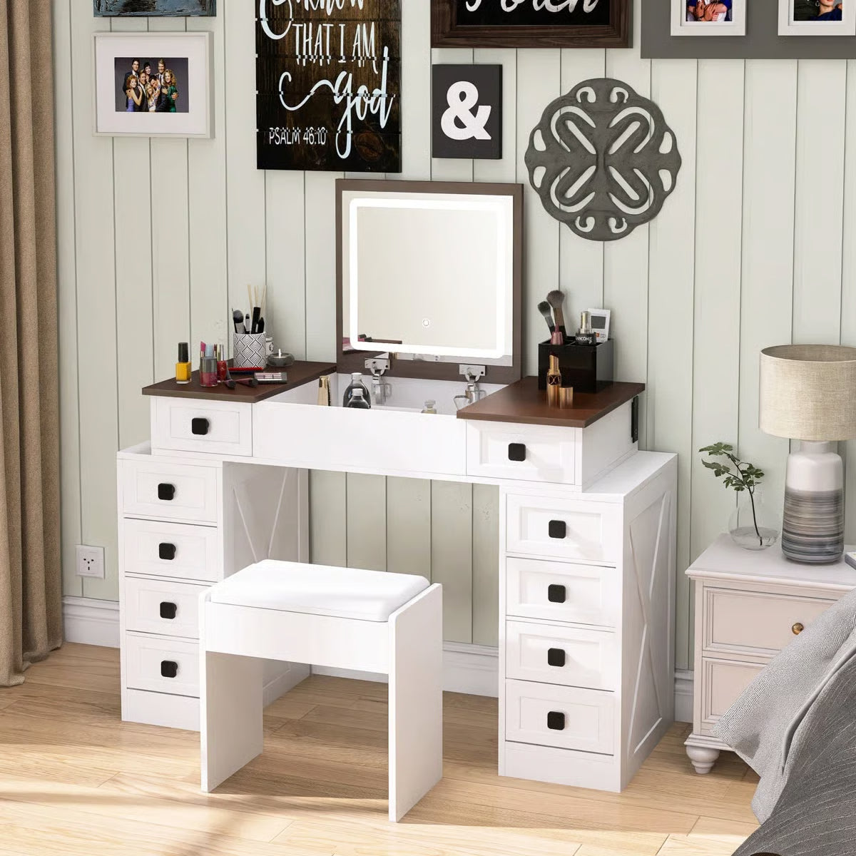 10-Drawer Makeup Vanity Desk – Dimmable LED, Foldable Mirror, White & Walnut Finish with Storage Stool